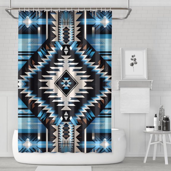 Bohemian Abstract Squre Rectangle Blue Shower Curtain Heavy Washable Polyester Curtain Liners Unique Bath Decor 72" W X 72" L with 12 Hooks