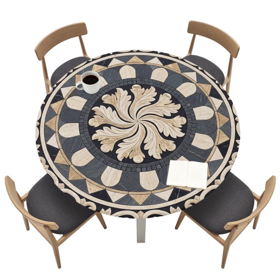 Bohemian Acanthus Leaf Round Fitted Table Cover Vintage Boho Minimalist Geometric Floral Plaid Waterproof Table Cloth with Elastic Edge Wipeable Tablecloth for Picnic Camping Fits 36"-44" Tables