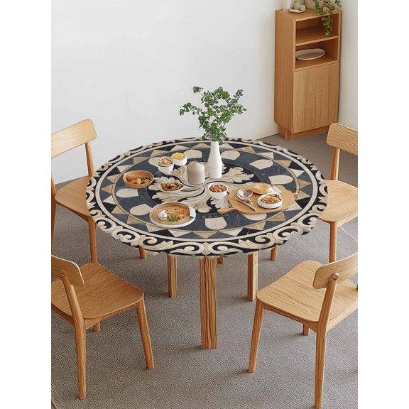 Bohemian Acanthus Leaf Round Fitted Tablecloth with Elastic Edge, Vintage Boho Minimalist Geometric Floral Plaid Waterproof Stretch Table Covers for 55"-60" Tables Wipeable Table Cloth for Outdoor