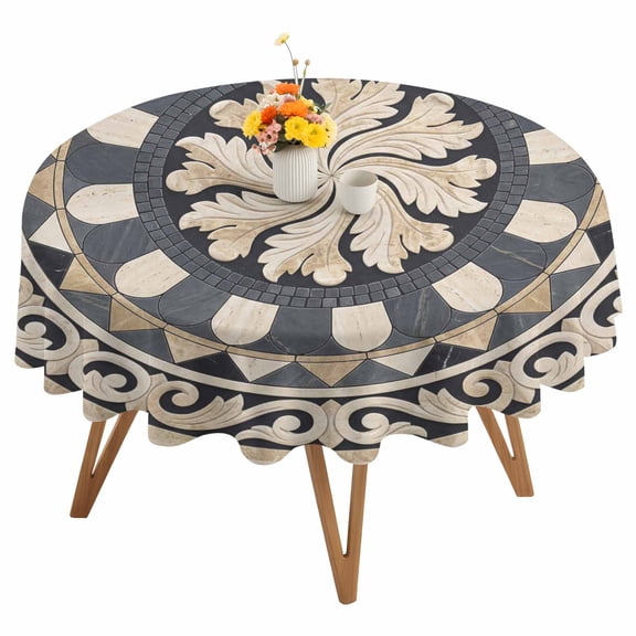 Bohemian Acanthus Leaf Round Tablecloth 54 inches Vintage Boho Minimalist Geometric Floral Plaid Waterproof Oil-Proof Table Cloth Round Table Cover for Holiday Party Picnic Dinner Decor