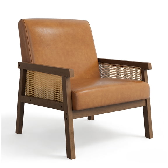 Bohemian Accent Chair – High Back, PU Leather & Rattan Armrests, Wooden Frame, Upholstered Armchair for Living Room, Lounge, Reception – Brown, PU Orange 039T Wood 003# (PU Orange 039T Wood 003#)