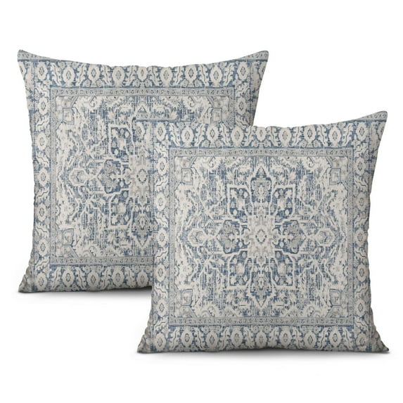 Bohemian Accent for Your Home - Navy Blue Grey Ethnic Boho Throw Pillow Covers, 18x18 Inch, Vintage Design, Ideal for Bedrooms, Couches and Sofas - Set of 2