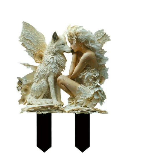 Bohemian Acrylic Garden Stake Fantasy Fairy And White Wolf Outdoor Potted Scene Decor Yard Art Waterproof Durable Ground Insert 264G