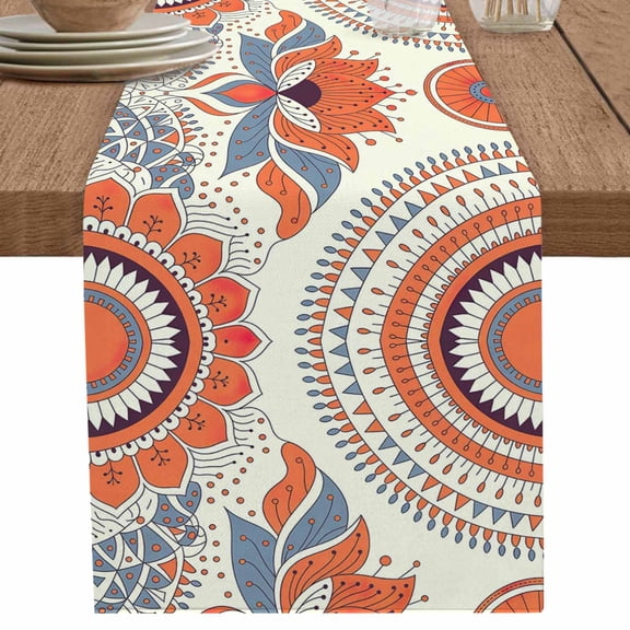 Bohemian Aesthetic Flower on Retro Table Runner-36 Inch Long Abstract Polka Dot Table Runners Linen Burlap Tablerunner for Kitchen Dining Room Holiday Party