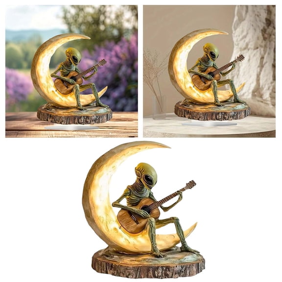 Bohemian Alien Guitarist Acrylic Statue Unique Desk Sculpture Collectible Figurine with Moon Design for Home Office Decor