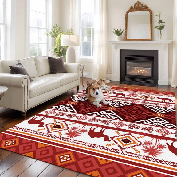 Bohemian Animals Plants Area Rugs 5x7 ft Abstract Red Geometric Vintage National Medieval Washable Rug Non Slip Indoor Carpet Absorbent Floor Mat for Living Room Bedroom Dining Room