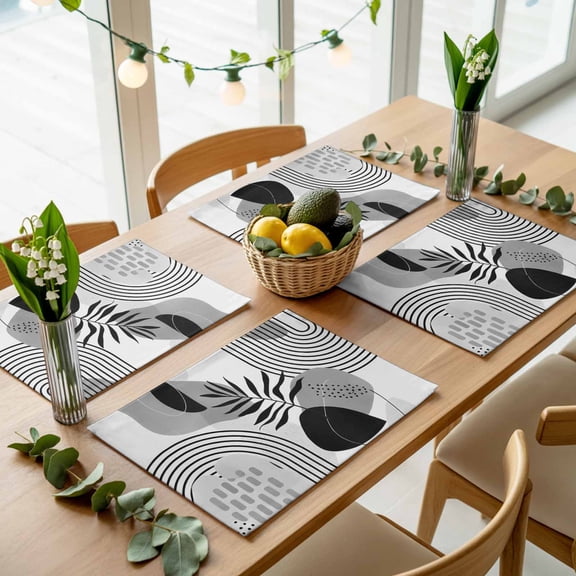 Bohemian Arch Abstract Geometric Placemats Set of 4,Wipeable Washable Table Mats for Dining Tables, Gray Tropical Palm Leaf Place Mats for Kitchen Event Party Tabletop Decor