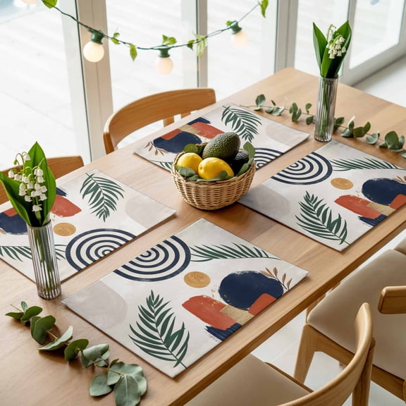Bohemian Arch Stripe Tropical Palm Leaf Placemats Set of 4,Wipeable Washable Table Mats for Dining Tables, Abstract Geometric ﻿art Place Mats for Kitchen Event Party Tabletop Decor