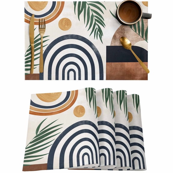 Bohemian Arch Sun Abstract Geometric Placemats Set of 4,Wipeable Washable Table Mats for Dining Tables,Palm Leaf Nordic Style Place Mats for Kitchen Event Party Tabletop Decor