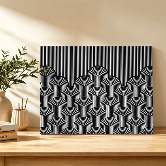 Bohemian Arches Canvas Wall Art, Abstract Boho Black Scaled Fan Geometric Layers Wall Art Prints Artwork Framed Canvas Ready to Hang Art Pictures for Bathroom Bedroom Entry Desk Corner 10" x 8"