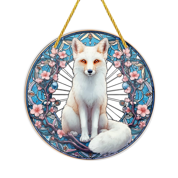 Bohemian Arctic Fox Floral Sun Catcher - 8-Inch Round All-Weather Acrylic Window Hanging Decoration with Chain, Fox Foliage Design for Home, Garden, Office - Christmas Housewarming Gift S