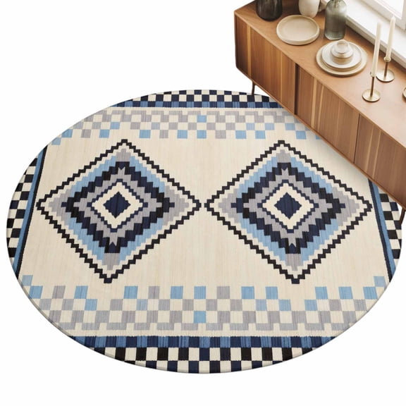 Bohemian Area Rugs 3' (Round) Retro Rhombus Tribal Style Blue Boho Geometric Floor Rug Non Slip Low Pile Ultra Soft Throw Carpet for Entryway Indoor Entrance Kitchen Bathroom