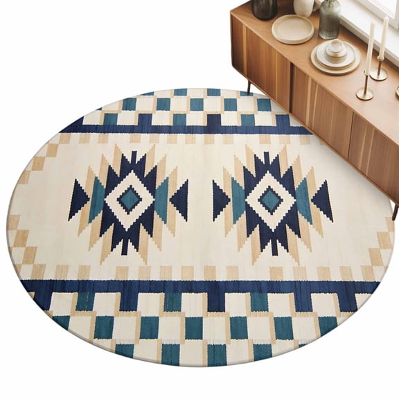 Bohemian Area Rugs 3' (Round) Retro Rhombus Tribal Style Boho Geometric Beige Green Plaid Floor Rug Non Slip Low Pile Ultra Soft Throw Carpet for Entryway Indoor Entrance Kitchen Bathroom