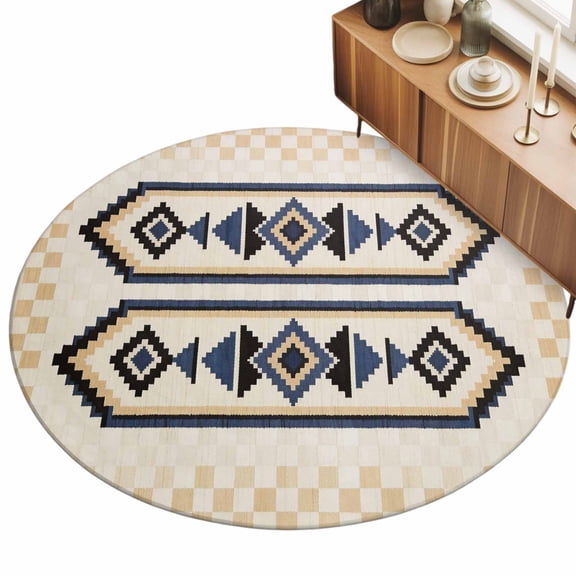 Bohemian Area Rugs 3' (Round) Retro Rhombus Tribal Style Long Stripes Beige Floor Rug Non Slip Low Pile Ultra Soft Throw Carpet for Entryway Indoor Entrance Kitchen Bathroom