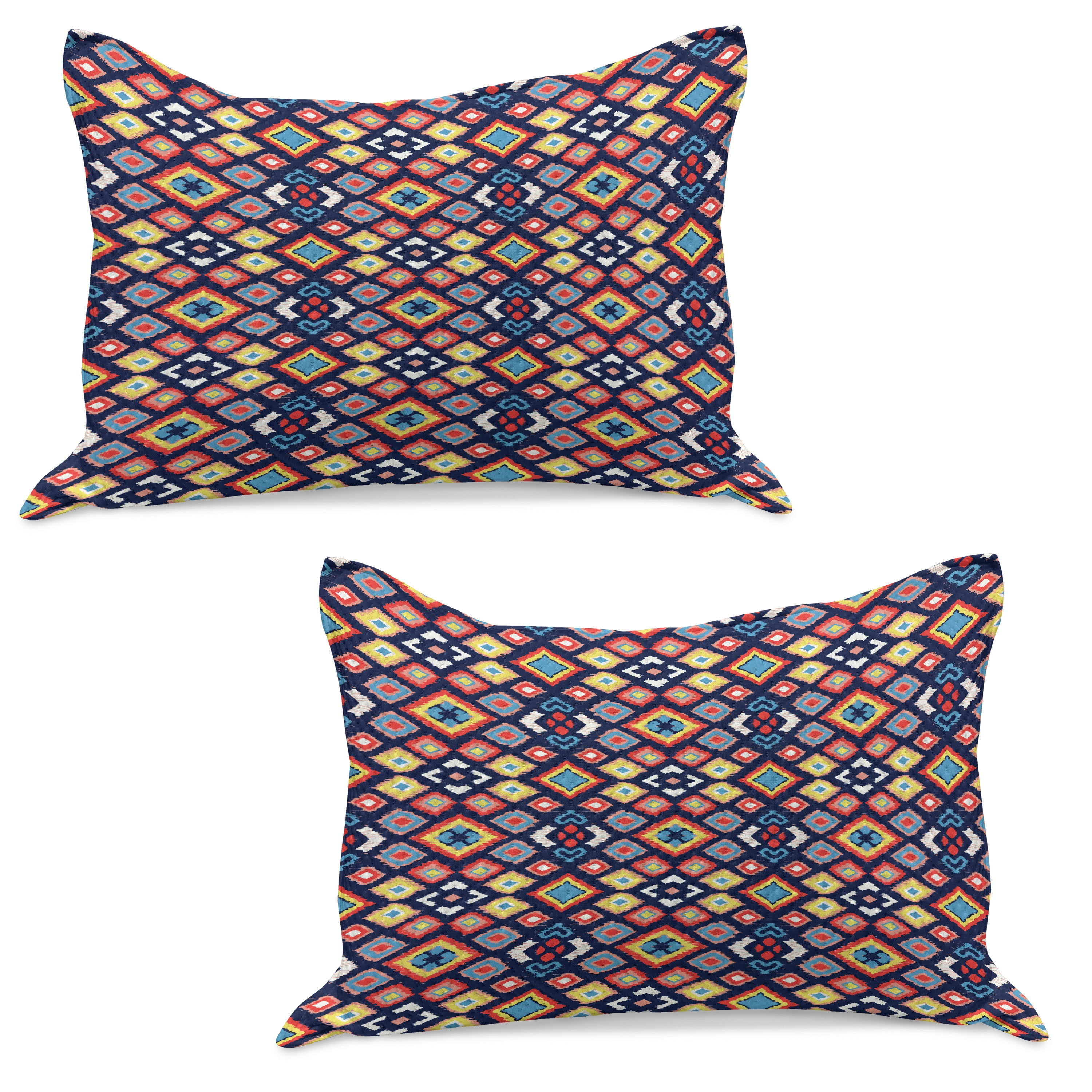 Bohemian Art Knitted Quilt Pillowcover Set of 2, Geometric Folkloric Ornament Colorful Details