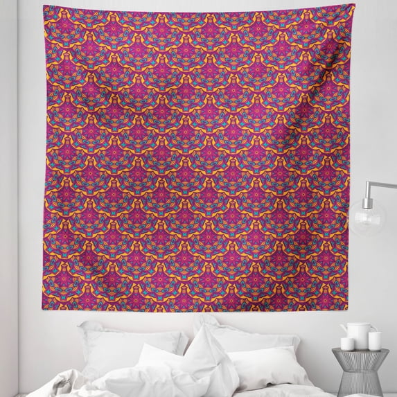Bohemian Art Tapestry, Ethnic Folk Colorful Details Cultural Mandala Like Jumble Blossoms, Fabric Wall Hanging Decor for Bedroom Living Room Dorm, 5 Sizes, Purple Magenta Mustard, by Ambesonne