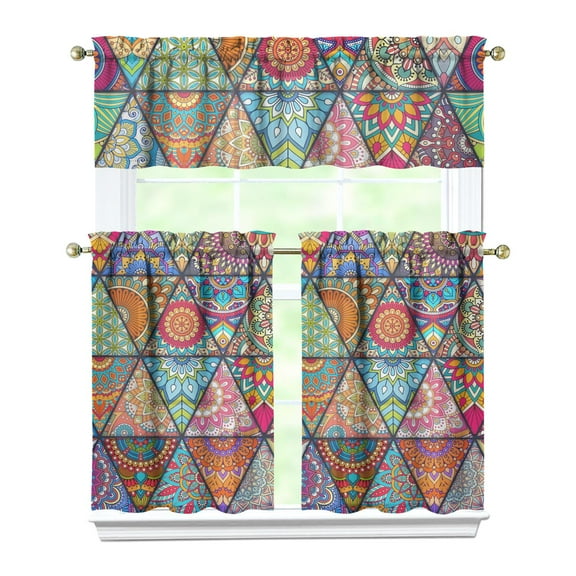 Bohemian Artistic Kitchen Curtains Set Boho Chic Vintage Tier and Valance Set Rustic Tribal Style Earthy Aesthetic Rod Pocket Curtains for Dining Room or Small Balcony