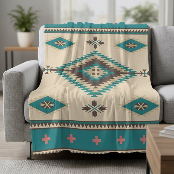 Bohemian Aztec Fleece Throw Blanket Teal Geometric Western Boho Vintage Ultra Soft Fuzzy Cozy Flannel Throw Blanket for Couch Sofa Bed Car Travel, Ideal Gifts 30x40 Inches