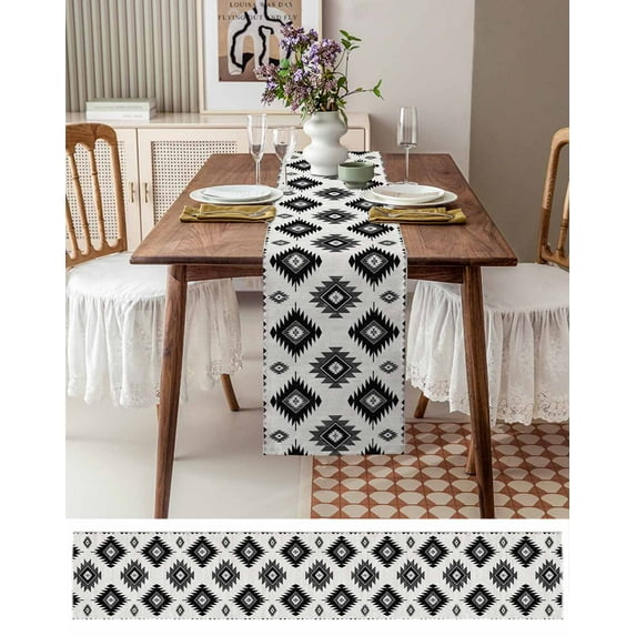 Bohemian Aztec Geometric Black Gray Table Runner 13x72in Non-Slip Cotton Linen Table Runners, Vintage Boho Lattice Dresser Scarves TableRunner for Dinner Kitchen Dining Wedding Party