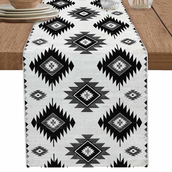 Bohemian Aztec Geometric Black Gray Table Runner-36 Inch Long Vintage Boho Lattice Table Runners Linen Burlap Tablerunner for Kitchen Dining Room Holiday Party