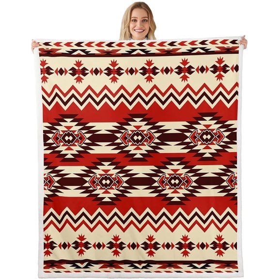 Bohemian Aztec Throw Blanket Western Sherpa Blanket Cowboy Cowgirl Kids Southwestern Native Plush Blanket Bedroom Decor Exotic Ethnic Tribal Geometric Fuzzy Blanket for Sofa Bed Couch, 40x50 Inch