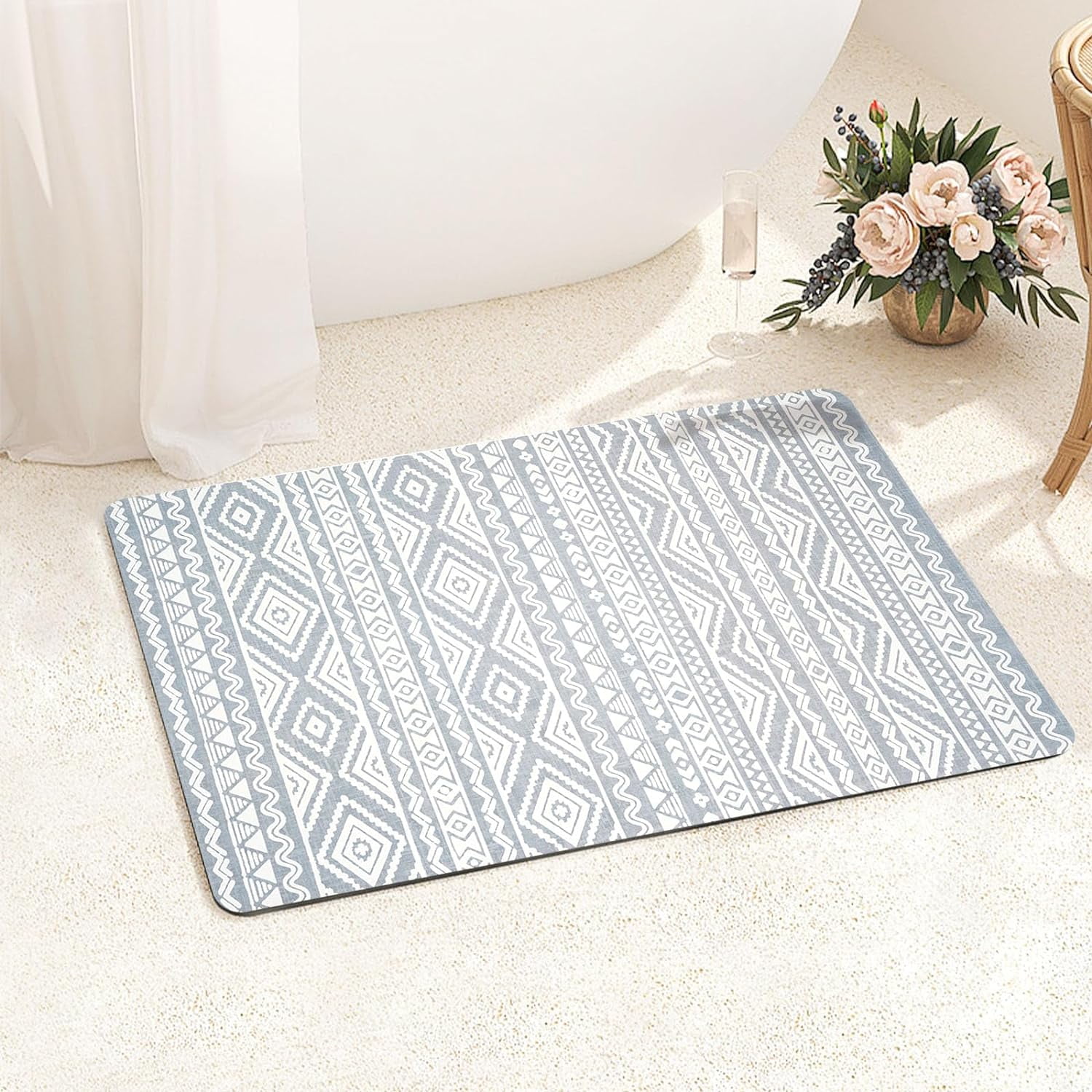 Bohemian Bath Mat 17"x24" Aqua Blue & White Soft Boho NonSlip Quick Dry ...