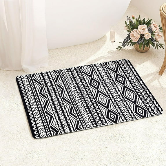 Bohemian Bath Mat Soft Boho Bathroom Mat Non-Slip Quick Dry Bath Rugs Thin Washable Shower Floor Mats with Super Water Absorbent Layer & Rubber Backing, 17"x24", Black & White
