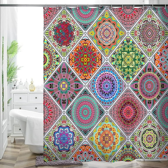 Bohemian Bathroom Curtain Colorful Boho Floral Print Beautiful Bright Polyester Fabric Cloth Shower Curtain for Bathroom Decoration, 72"x72" (Tape N)