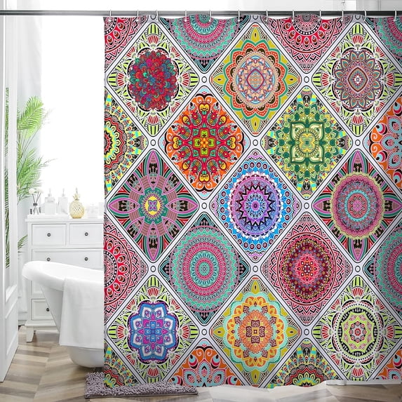 Bohemian Bathroom Curtain Colorful Boho Floral Print Beautiful Bright Polyester Fabric Cloth Shower Curtain for Bathroom Decoration, 72"x72" (Tape N)