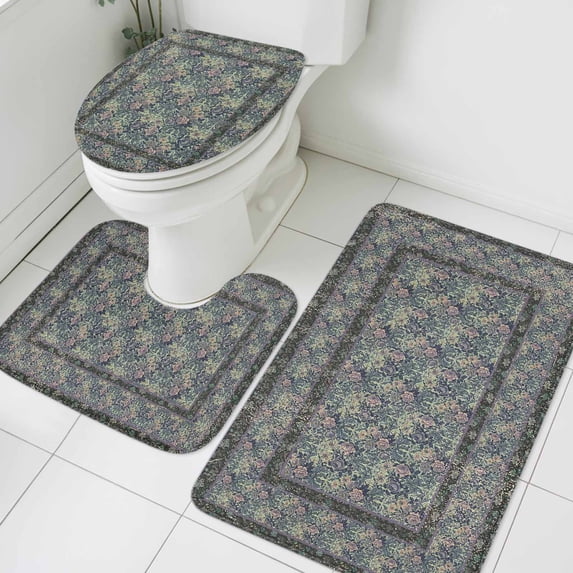Bohemian Bathroom Rugs Set Green Vintage Flowers Texture Traditional Ethnic Style Non Slip Absorbent Soft Bath Mats 3 Piece Set with Bathroom Rug, U-Shaped Floor Mat, Toilet Seat Cover Small Size
