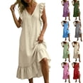 thumbnail image 1 of Bohemian Beach Linen Dress for Women Elegant Summer Boho Maxi Dresses Ruffle Vintage Sundress Holiday Flowy Loose Swing Long Dresses for Evening Night Out Green S, 1 of 6