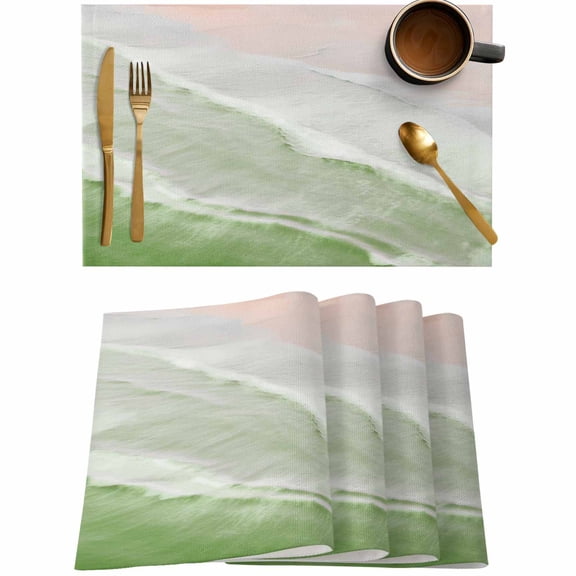 Bohemian Beach Waves Grass Green Gradient Placemats Set of 4,Wipeable Washable Table Mats for Dining Tables,Coastal Nautical Place Mats for Kitchen Event Party Tabletop Decor
