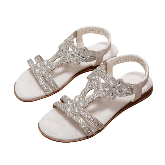 Bohemian Beaded Glittering Sandals Women Elegant Rhinestones Crystal Flat Shoes with Elastic Ankle Straps for Wide Feet