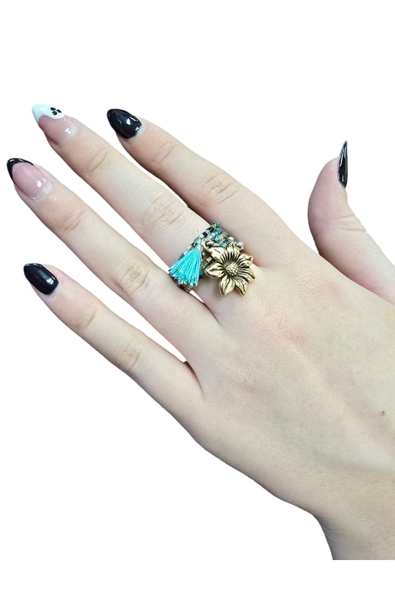 Bohemian Beaded Spiral Ring with Gold Flower Charm | Unique Handmade Jewelry