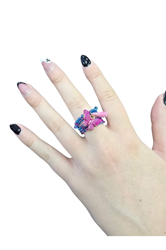 Bohemian Beaded Spiral Ring with Pink Butterfly Charm | Unique Handmade Jewelry