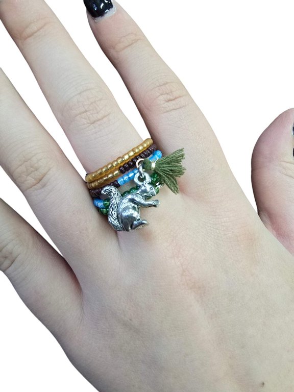 Bohemian Beaded Spiral Ring with Pewter Squirrel Charm | Unique Handmade Jewelry