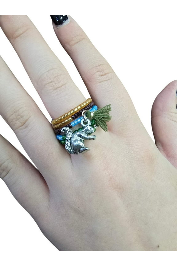 Bohemian Beaded Spiral Ring with Pewter Squirrel Charm | Unique Handmade Jewelry