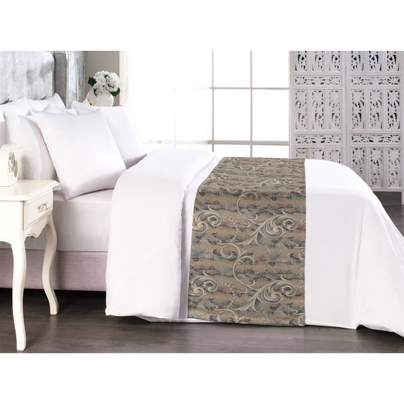 Bohemian Bed Runner, Earthy Colors Baroque Style Royal Ornaments Snake Skin Pattern Back, Decorative Accent Bedding Scarf for Hotels Homes & Guest Rooms, Queen, Pastel Brown Cadet Blue, by Ambesonne