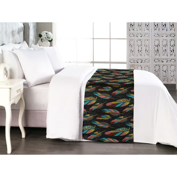 Bohemian Bed Runner, Zentangle Feathers Ornaments with Dots and Lines Ethnic Style Art, Decorative Accent Bedding Scarf for Hotels Homes & Guest Rooms, Queen, Charcoal Grey Multicolor, by Ambesonne