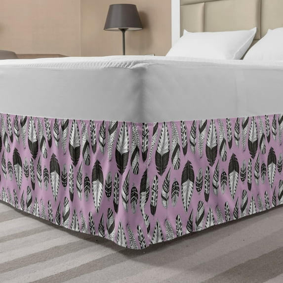 Bohemian Bed Skirt, Boho Feathers Plumes in Fusion Digital Style Ethnic Inspired Repetition, Elastic Bedskirt Dust Ruffle Wrap Around for Bedding Decor, 4 Sizes, Dark Grey Baby Pink, by Ambesonne