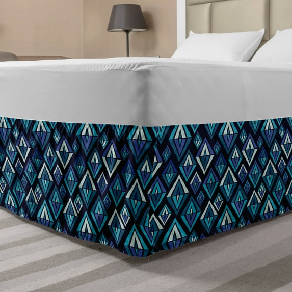 Bohemian Bed Skirt, Pattern as Folkloric Geometric Textures with Shades of Blue Print, Elastic Bedskirt Dust Ruffle Wrap Around for Bedding Decor, 4 Sizes, Multicolor, by Ambesonne