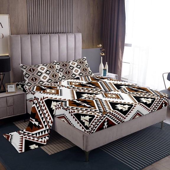 Bohemian Bedding Set King Western Boho Aztec Bed Sheets Southwestern Sheet Set Exotic Mexican Geometric Diamond Fitted Sheet + Flat Sheet + 2 Pillow Cases Black White Brown Home Room Decor