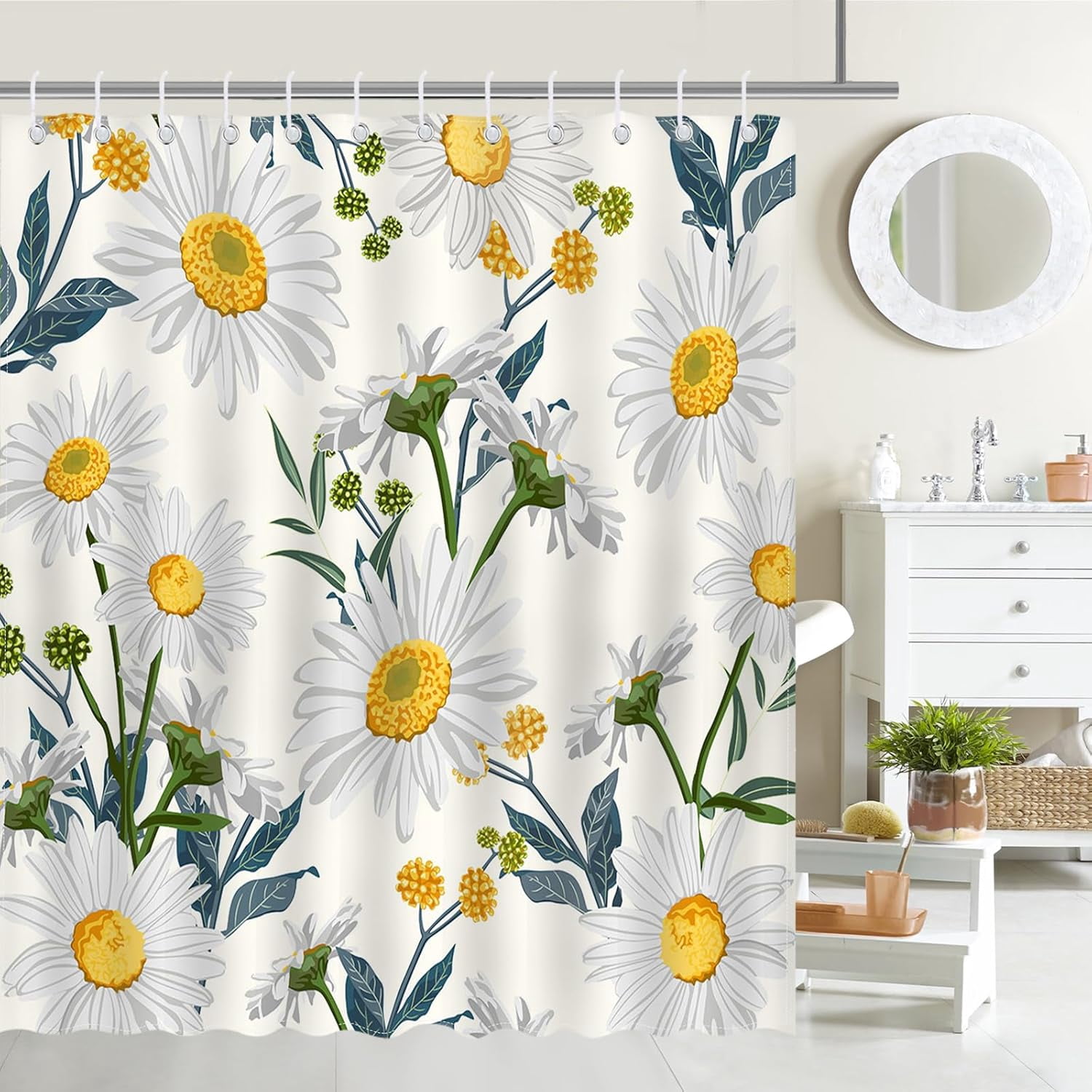 Bohemian Beige Daisy Shower Curtain, Waterproof, Polyester, Daisy