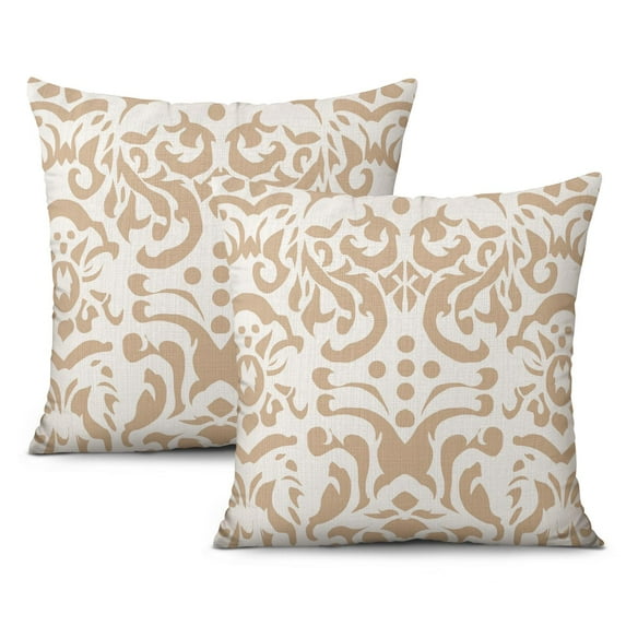 Bohemian Beige Floral Brown Lines Throw Pillow Covers 16"x16", Set Of 2, Linen Study Sofa Cushion Cover Indoor Living Room Home Decor