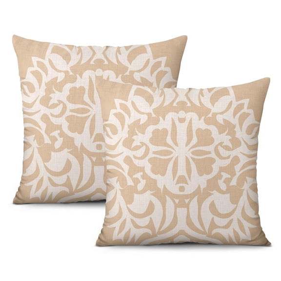 Bohemian Beige Floral Brown Lines Throw Pillow Covers 20"x20", Set Of 2, Linen Study Sofa Cushion Cover Indoor Living Room Home Decor