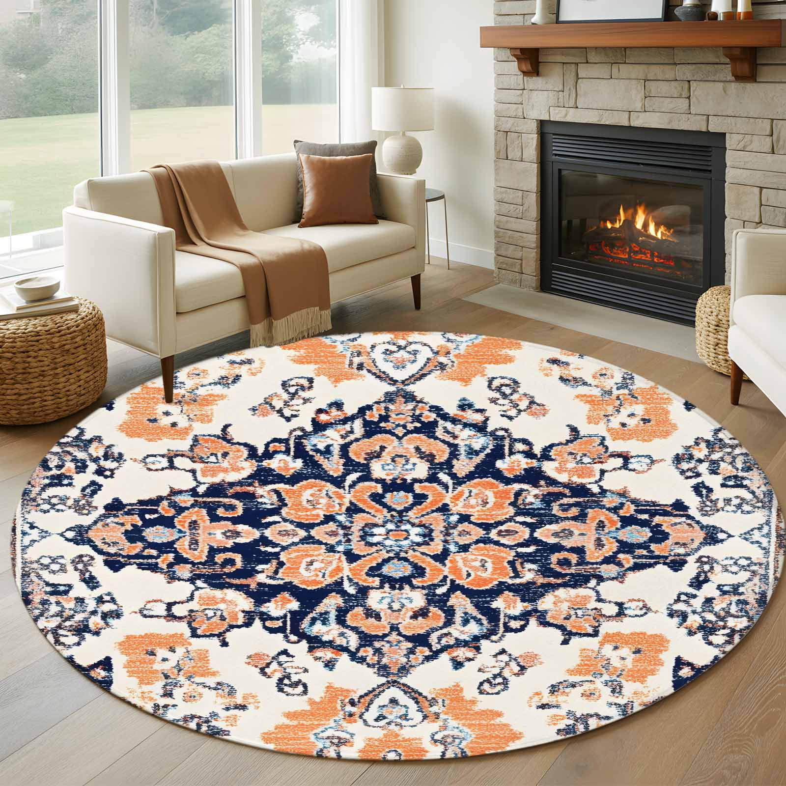 Bohemian Black 7ft Round Rug for Living Room Conversation Area, Orange ...