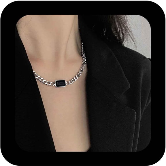 Bohemian Black Crystal Pendant Necklace Silver Curb Chain Necklace Black  Choker Necklace Cz Chunky Link Chain Necklace Jewelry for Women