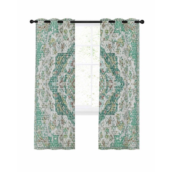 Bohemian Blackout Curtains for Bedroom Living Room, Vintage Distressed Light Green Ethnic Geometric Floral 96 In Long Thermal Insulated Room Darkening Drapes Grommet Window Treatments, 52 x 96 In