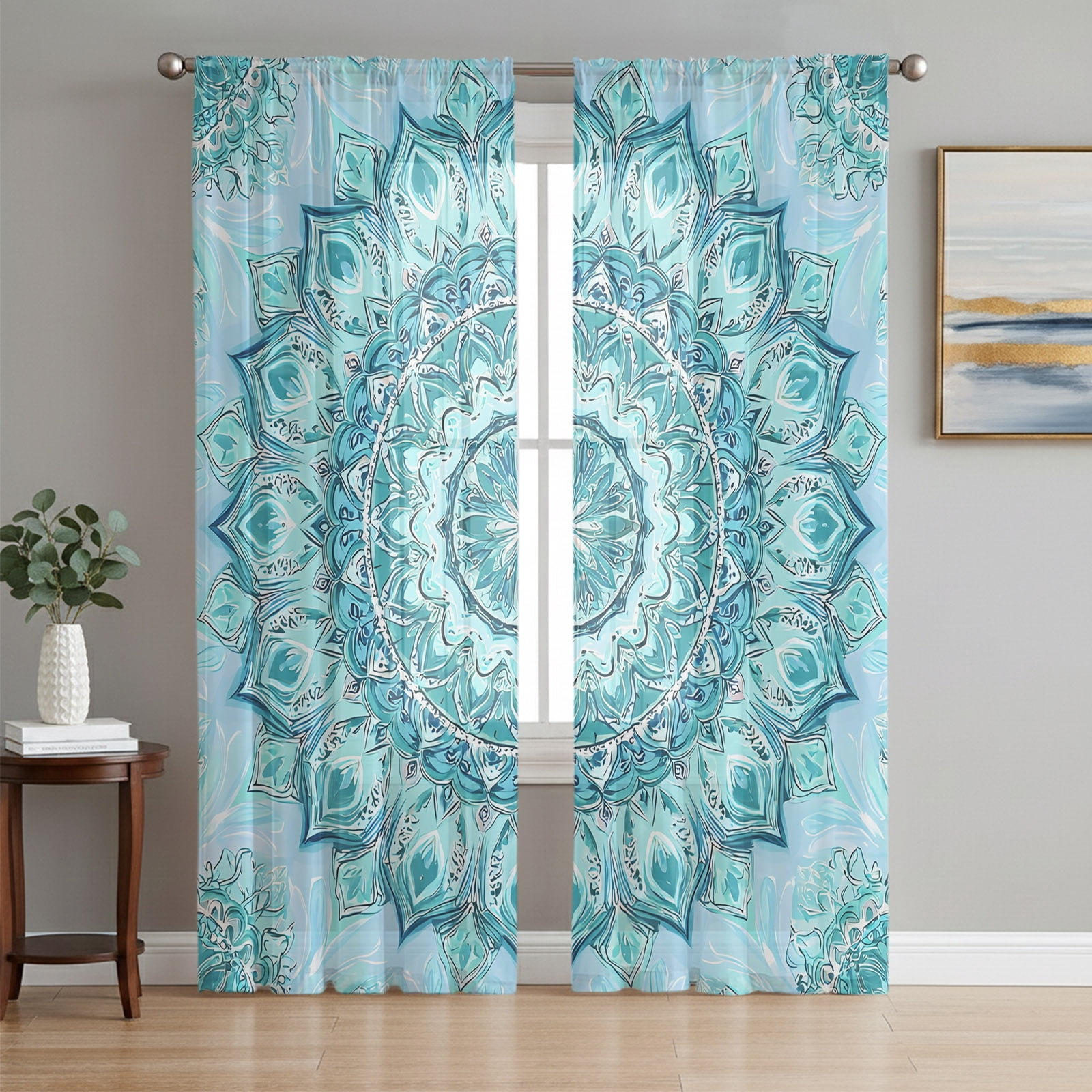 Bohemian Blooming Flower Sheer Curtains for Living Room Bedroom, Teal ...