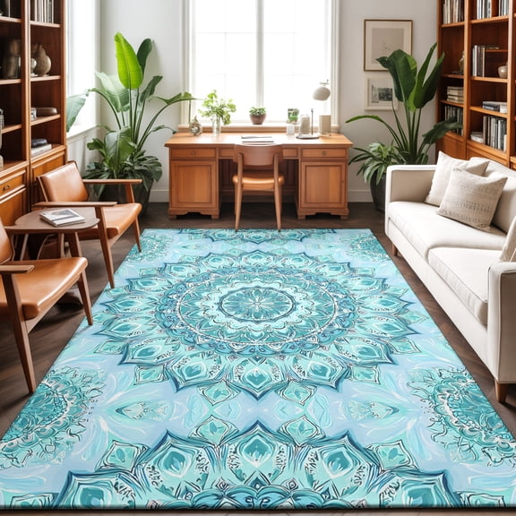 Bohemian Blooming Flower Washable Area Rug 9 x 12 ft Teal Green Floral Texture, Soft Non Slip Rugs Stain Repellent Indoor Felt Carpet for Living Dining Room Bedroom Home Office